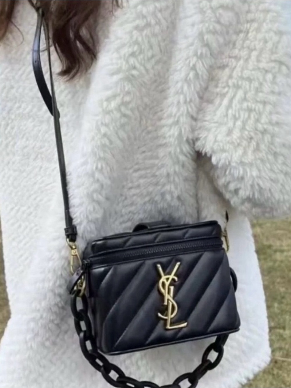 YSL BEAUTE Black Quilted Top Handle Vanity Case with Gold Logo